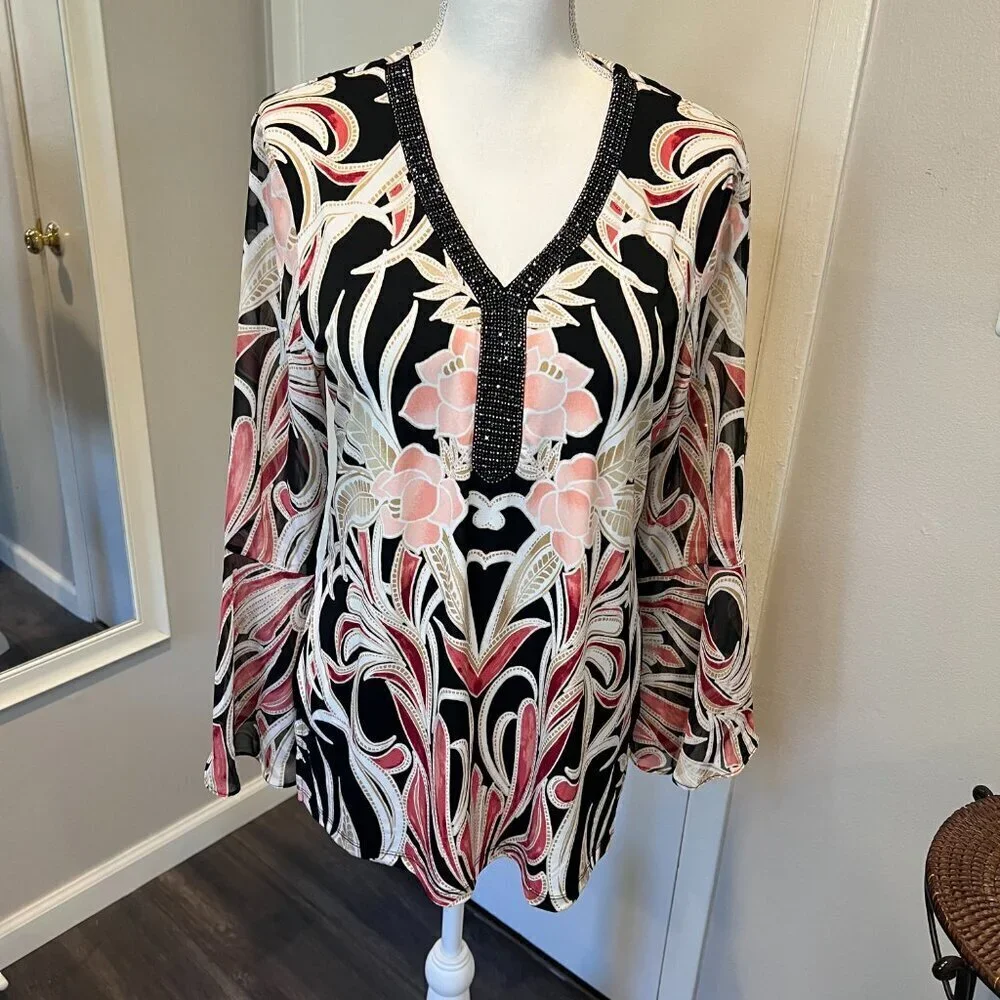 JM Collection Embellished Y-neck tunic with bell sleeves, Size Medium